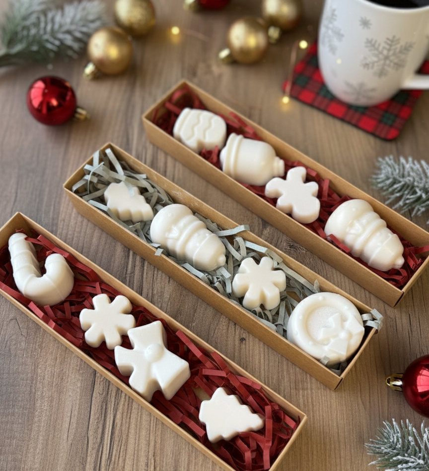 Three decorative soap bars in cardboard boxes on a wooden surface with Christmas decorations.