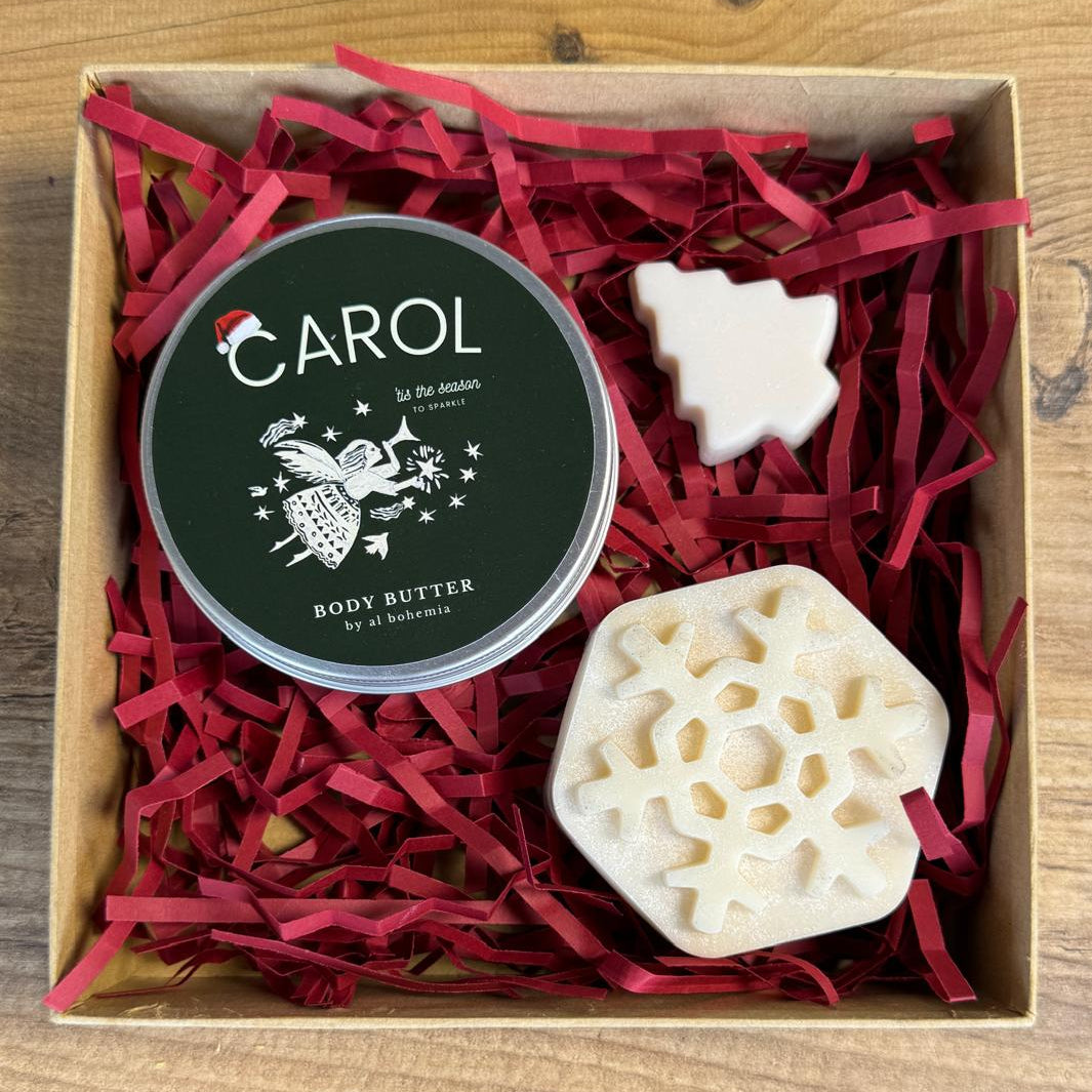 Body butter tin and soap in a box with red paper gift