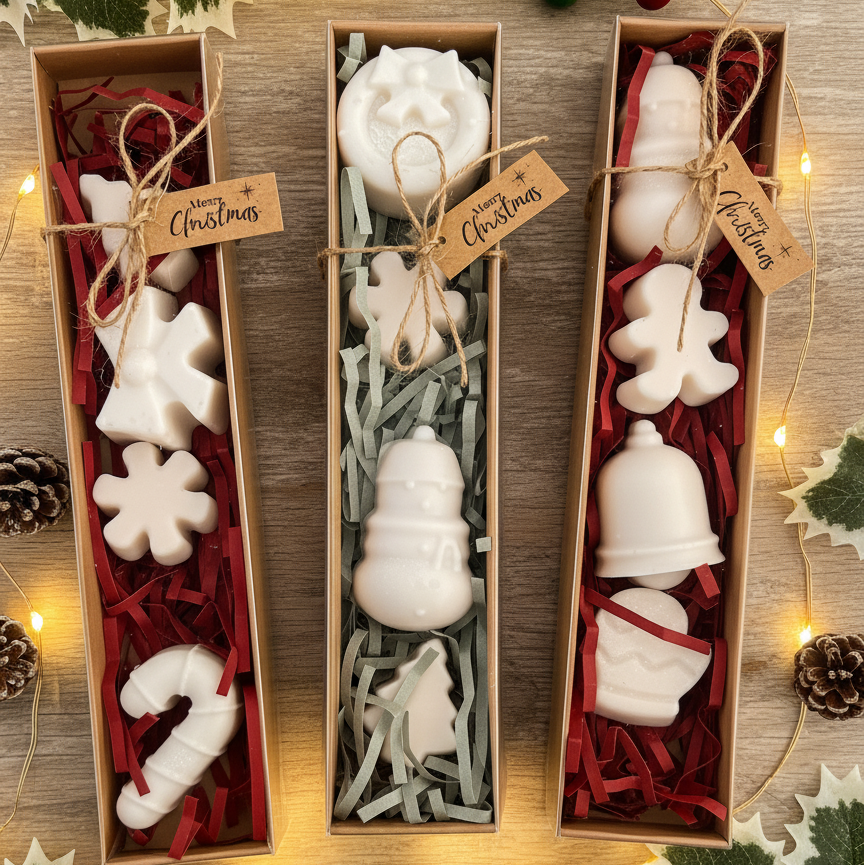 Three Christmas-themed soaps in decorative boxes on a wooden surface with festive decorations.